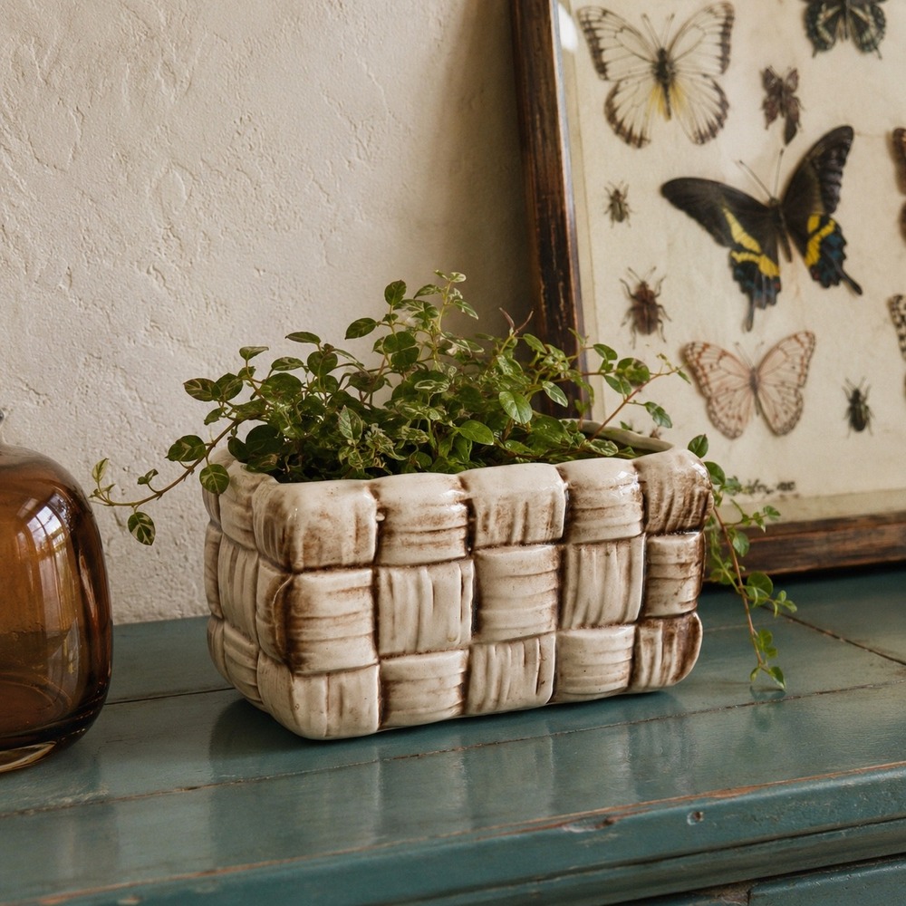Brown Woven Basket Planter Shawnee Pottery 444 Farmhouse Vintage Cottagecore